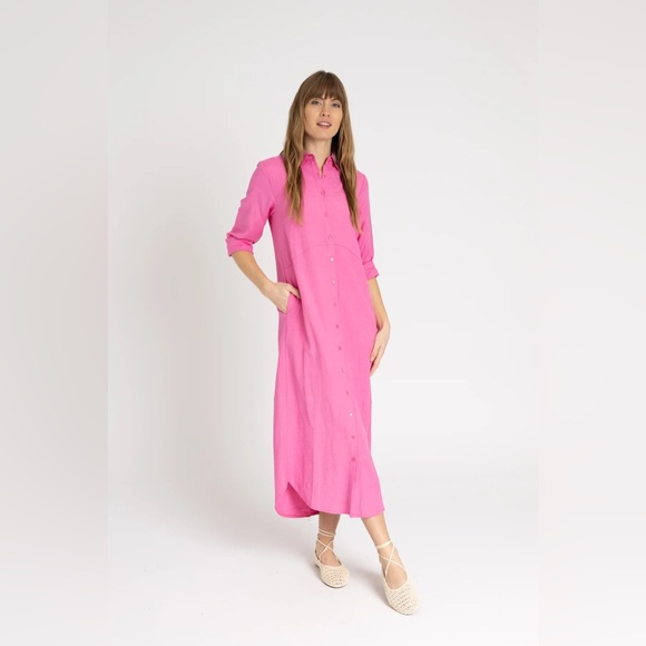 Pink Linen Maxi Shirt Dress - Picture 2 of 4